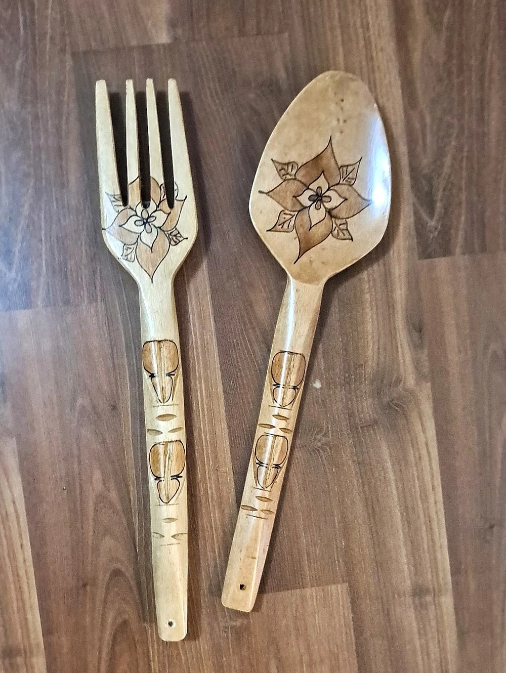 Wooden Folk Art Floral Serving Spoon & Fork